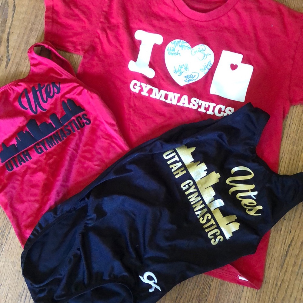 2 Utah Gymnastics Leo’s & signed T-shirt CH L